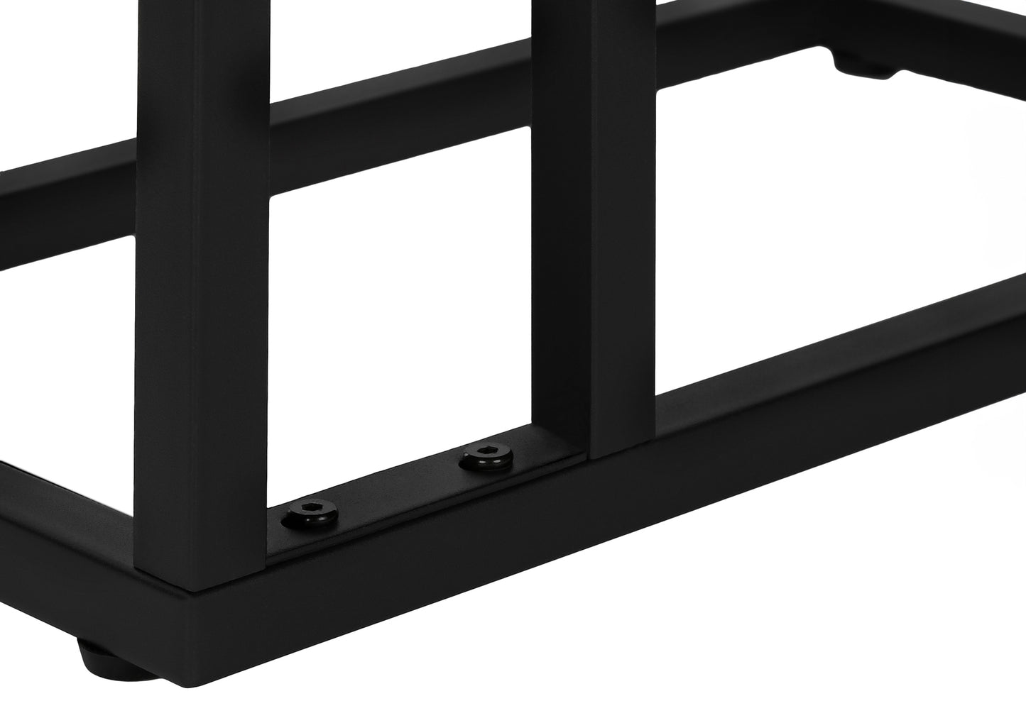 Closeup of a black metal frame showcasing its sturdy construction with visible screws