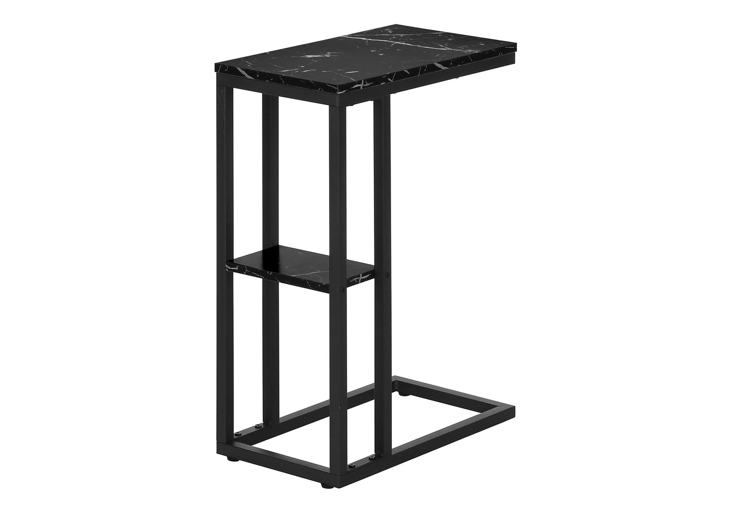 Modern C table with black marble top and shelf on black metal frame