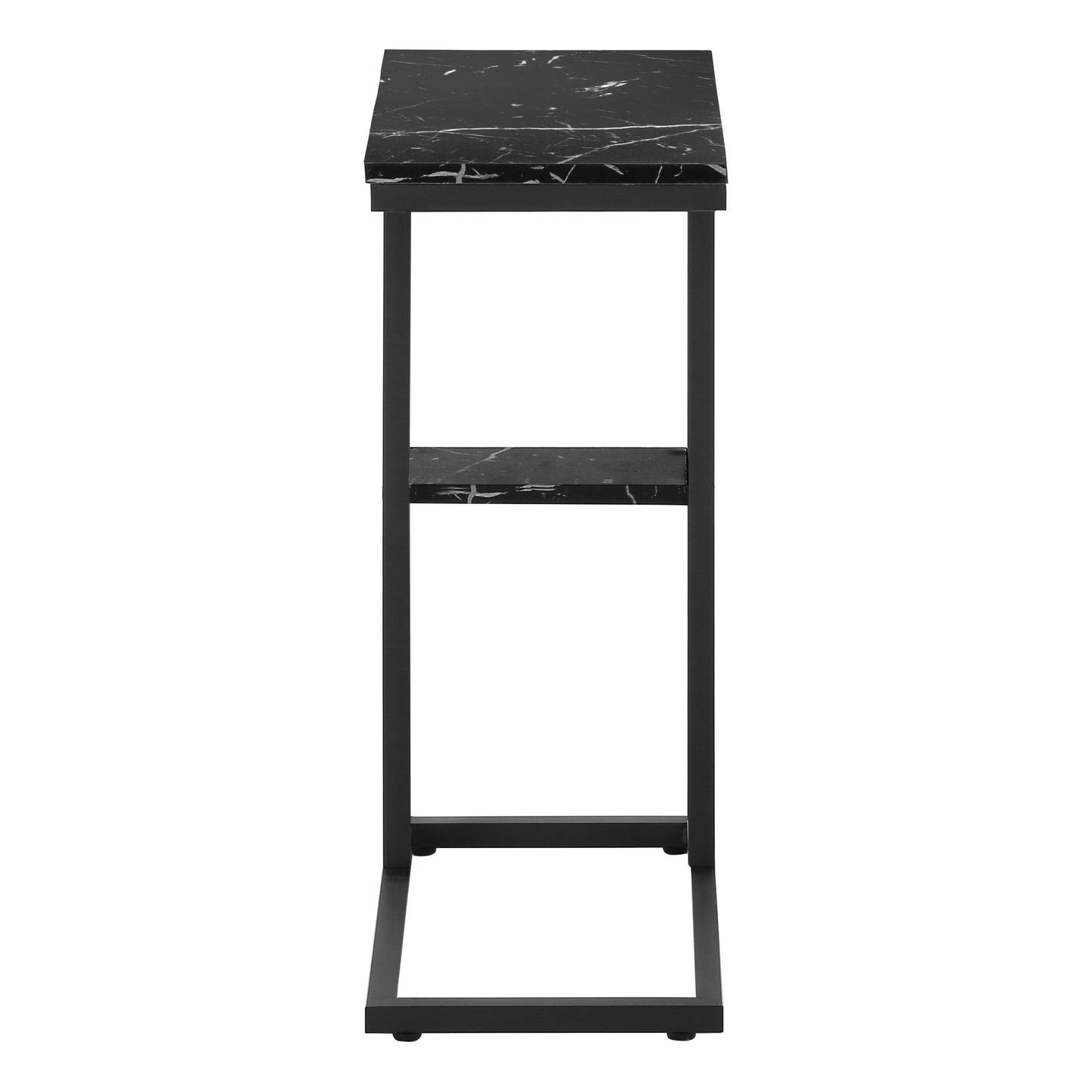 Sleek black faux marble top side table with a minimalist metal frame and a lower shelf