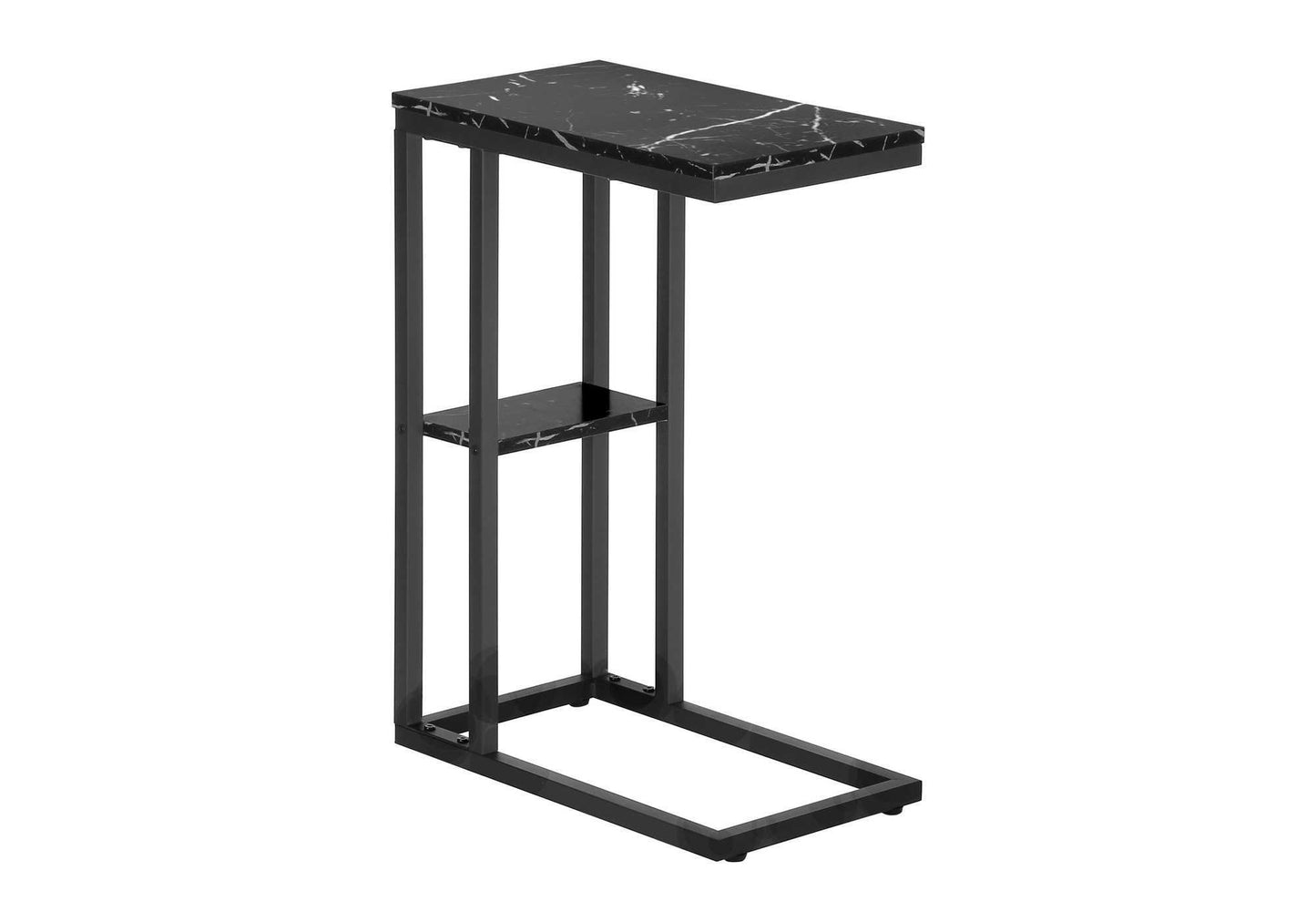 Modern Cshaped side table with black marble top and shelf on black metal frame