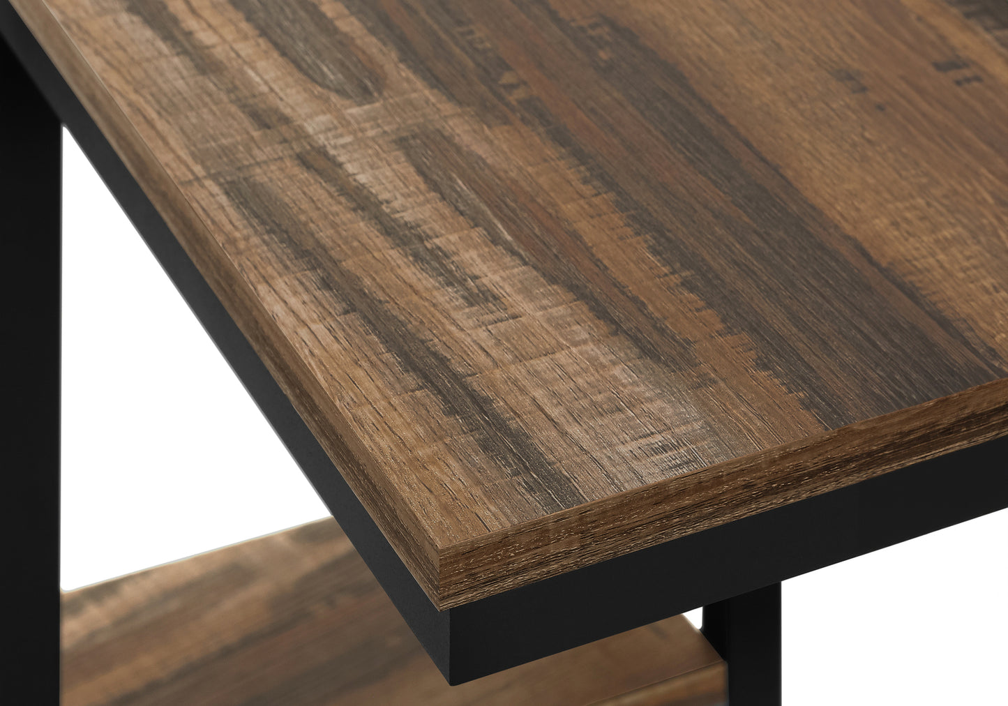Rustic wood grain desk surface with black metal frame and shelf detail