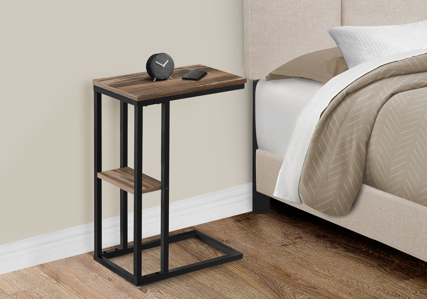 Rustic wood and black metal Ctable with two tiers perfect for bedside use