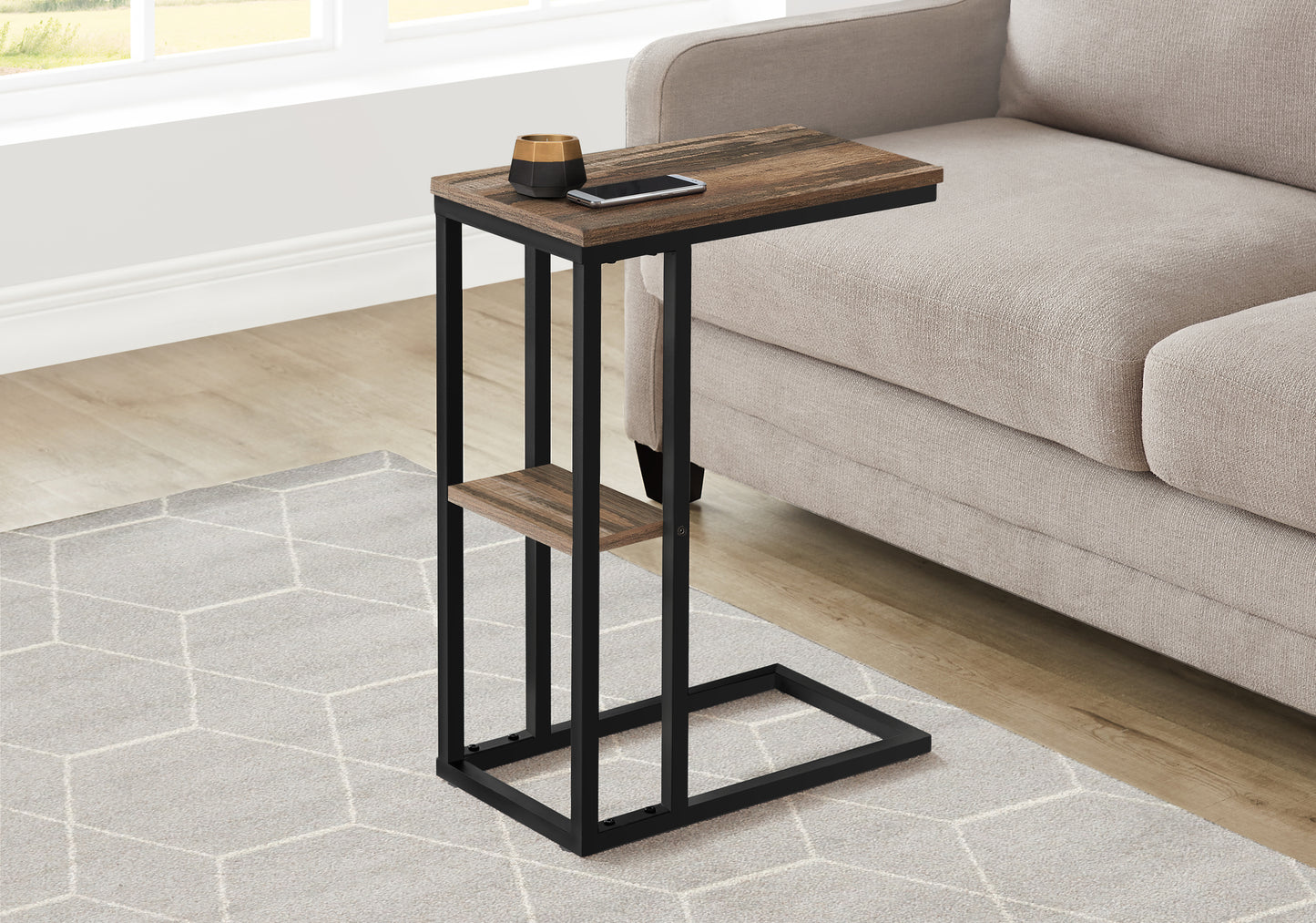 Rustic wood and black metal ctable perfect for small living spaces