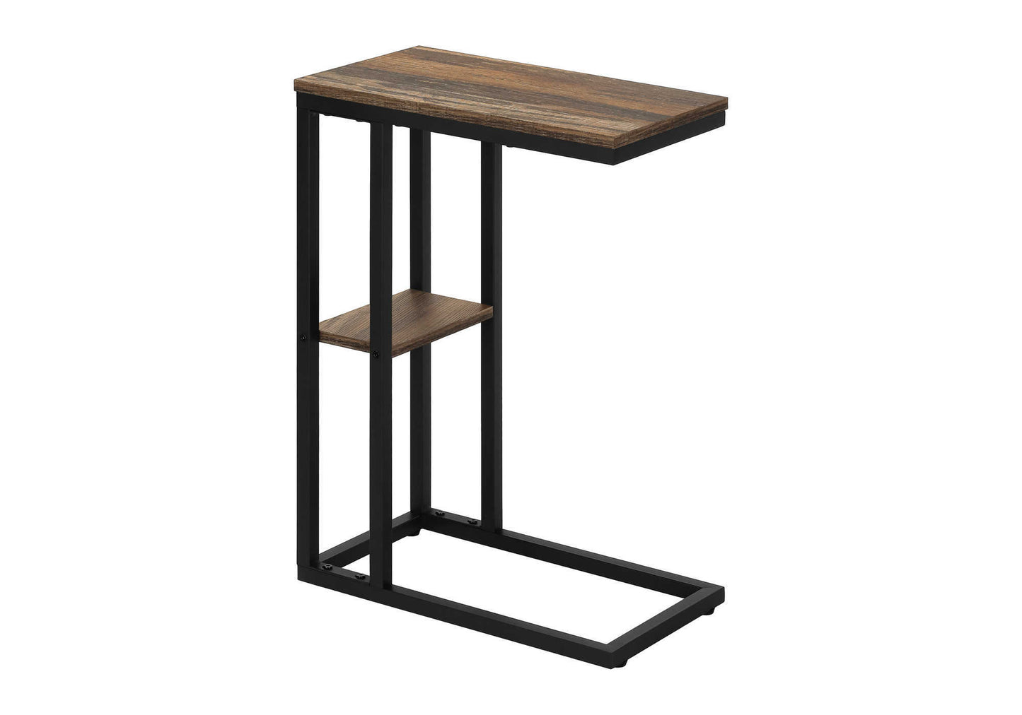Rustic wood and black metal Ctable with a lower shelf for convenient placement