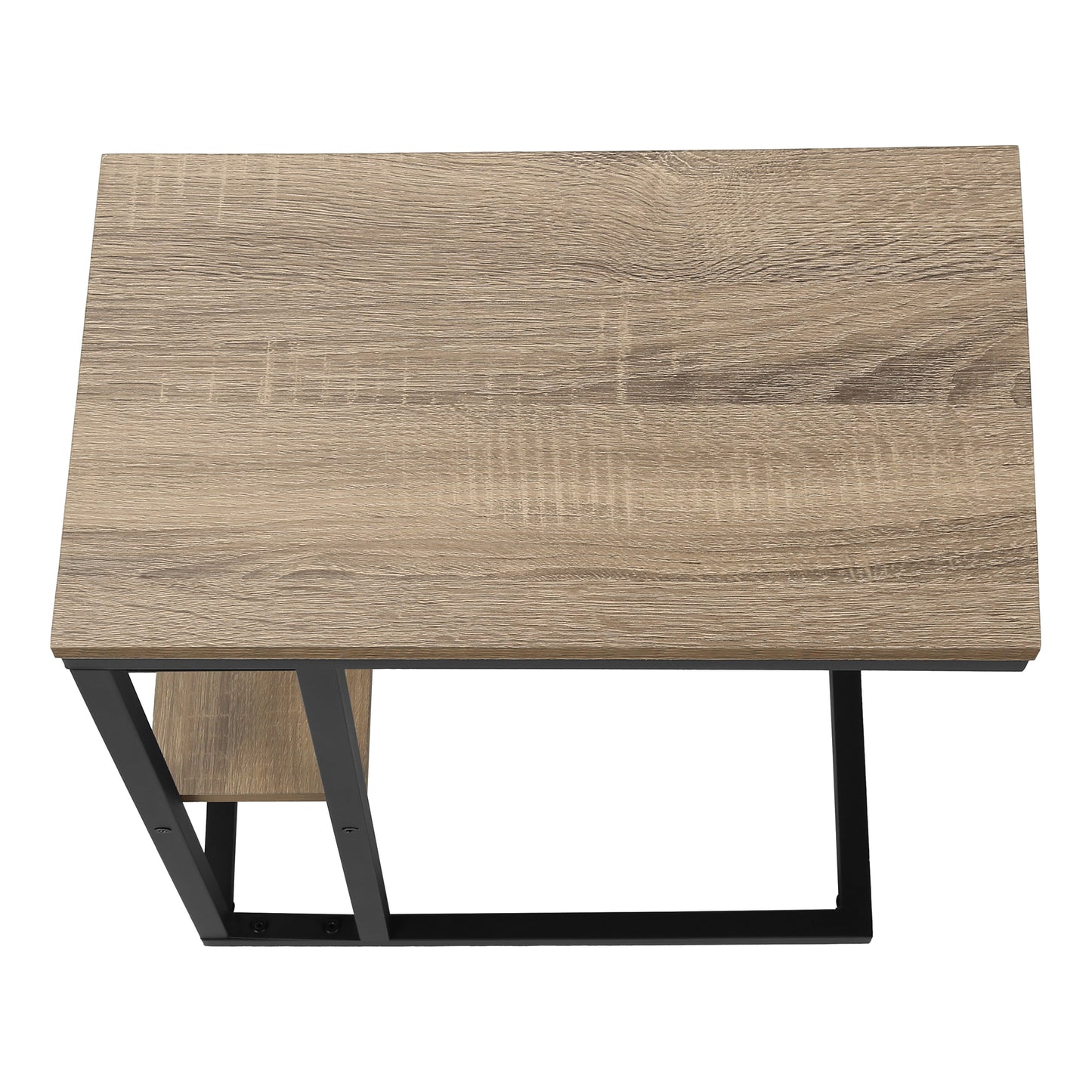 Modern side table with light wood grain top and black metal frame perfect for living room decor