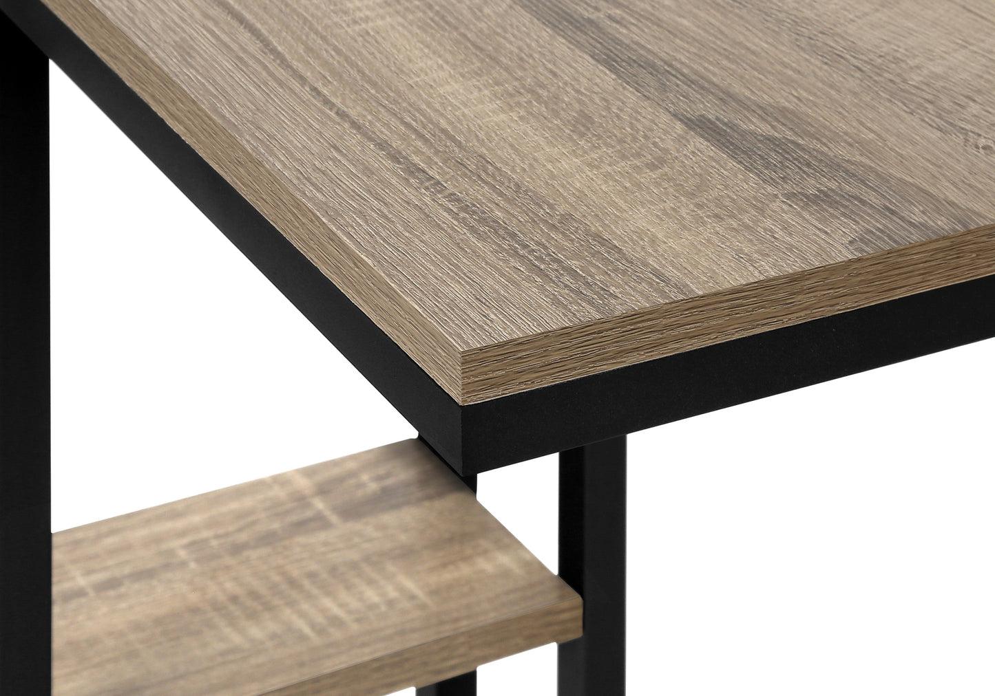 Rustic oak wood top desk with black metal frame and shelf