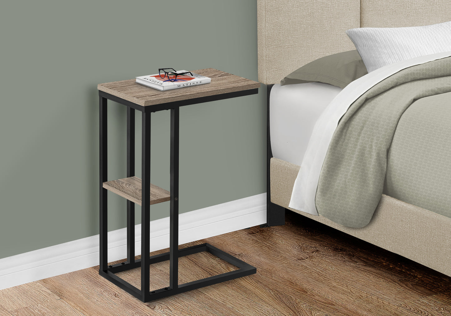 Modern ctable with rustic oak finish and black metal frame perfect for living rooms