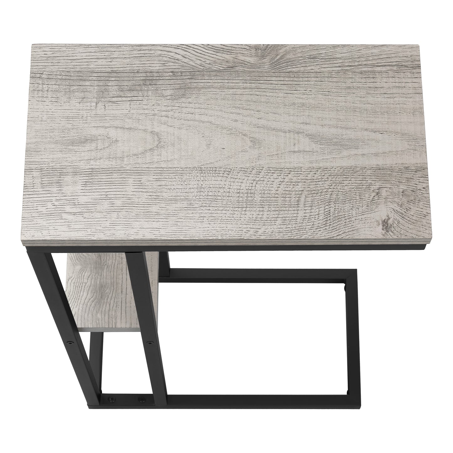 Gray wash wood top on a minimalist black metal frame desk