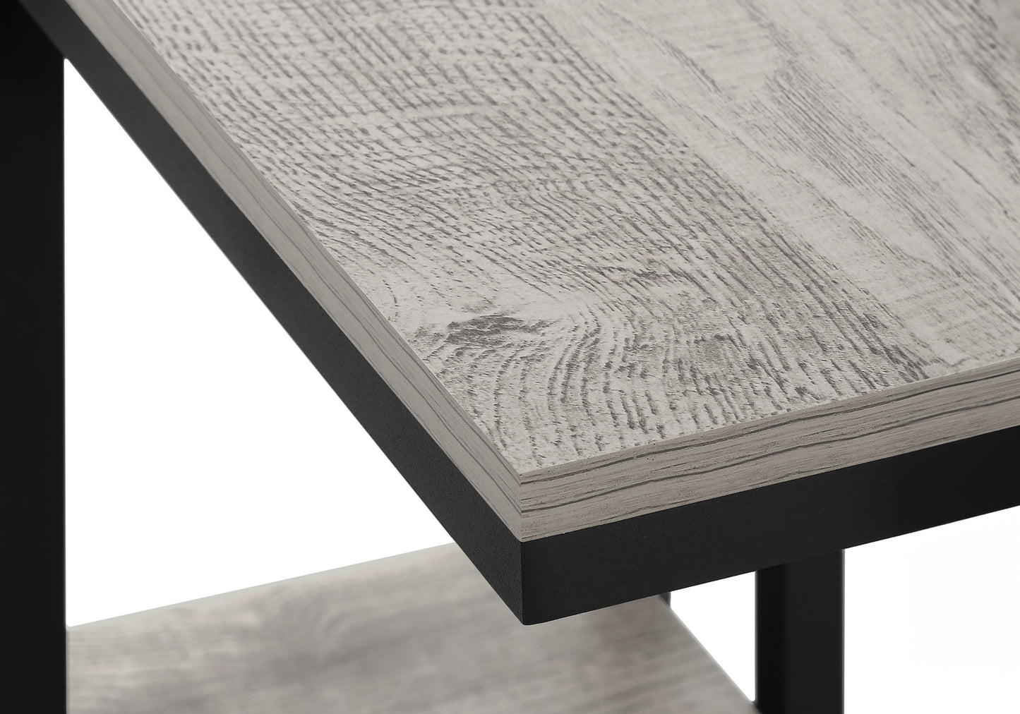Rustic grey woodgrain laminate tabletop with a black metal frame
