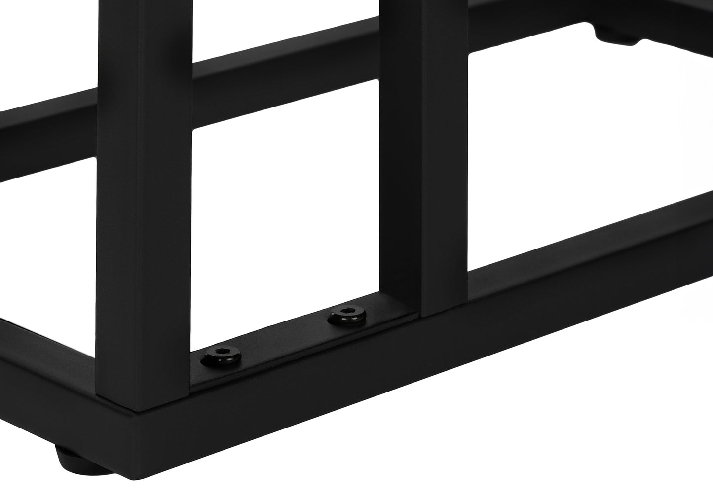 Closeup of black metal frame legs with visible screws for furniture assembly