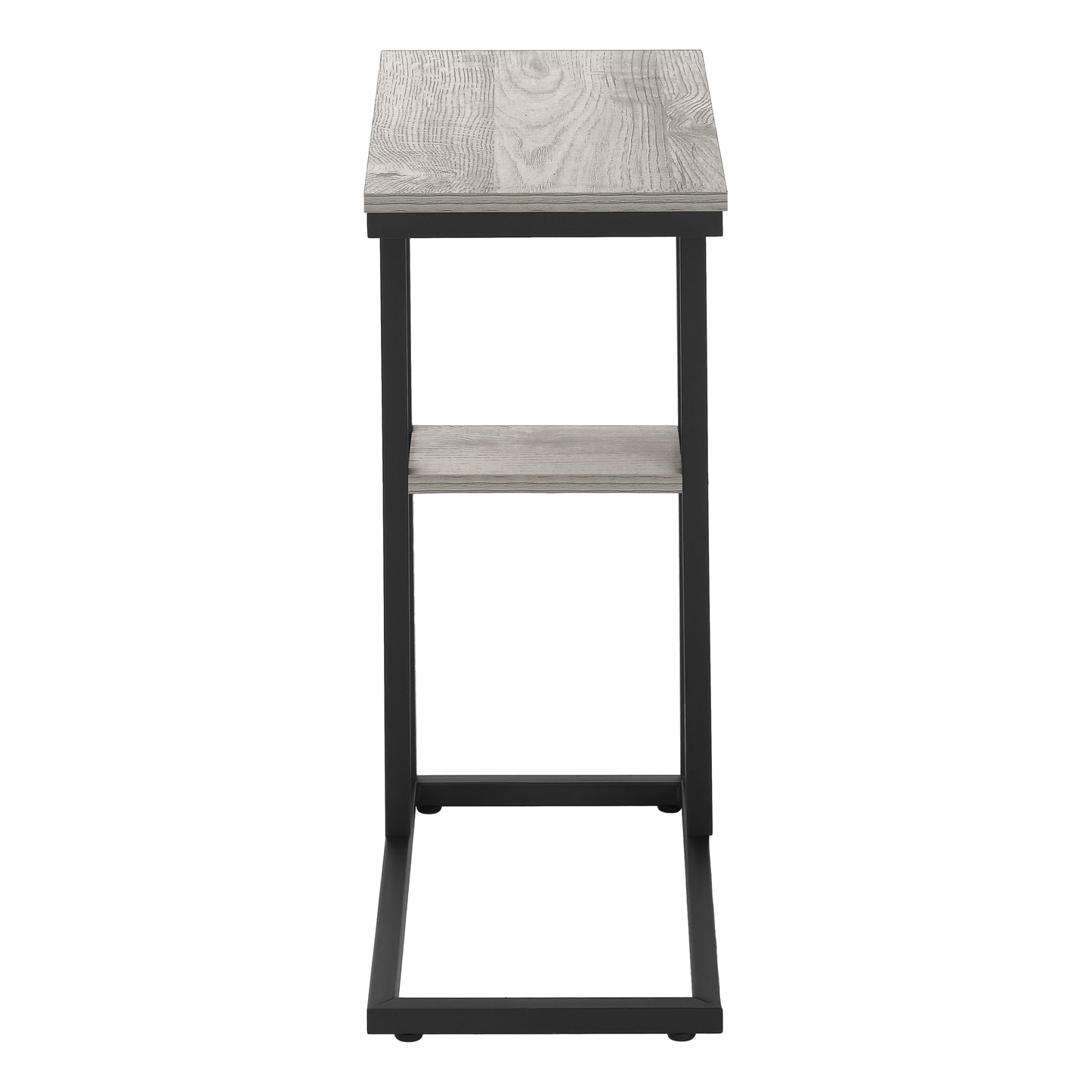 Gray wash wood grain side table with black metal frame and lower shelf