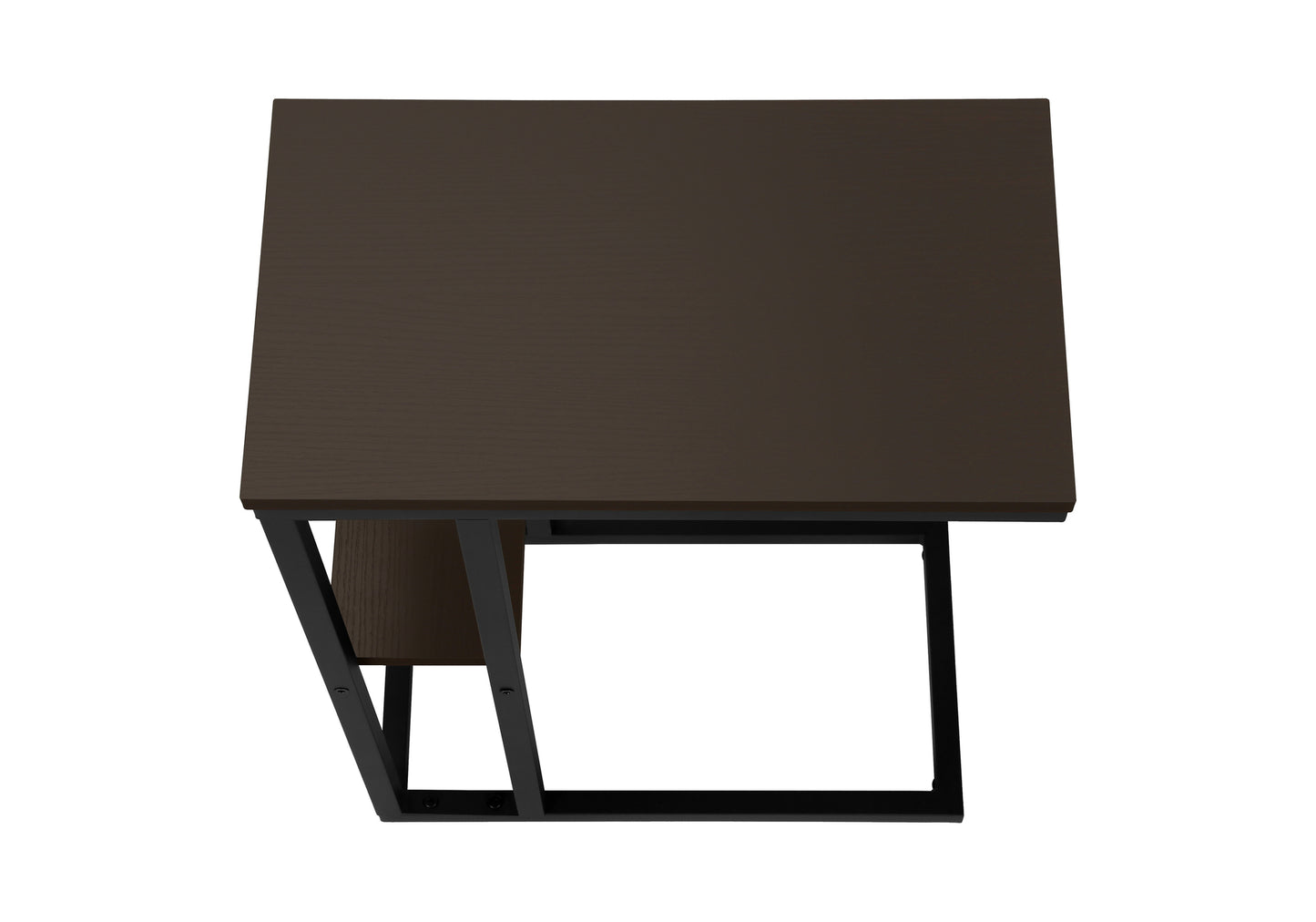Dark wood end table with black metal frame and open storage shelf