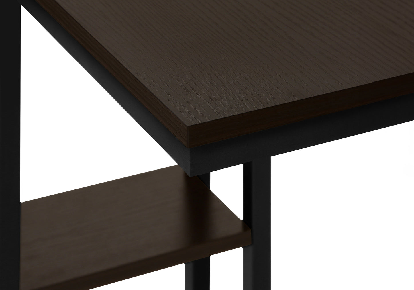 Dark oak veneer tabletop with black metal frame part of a modern desk