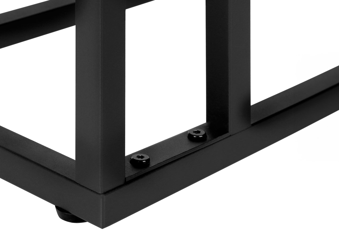 Black metal frame detail with visible screws suggesting industrial furniture design