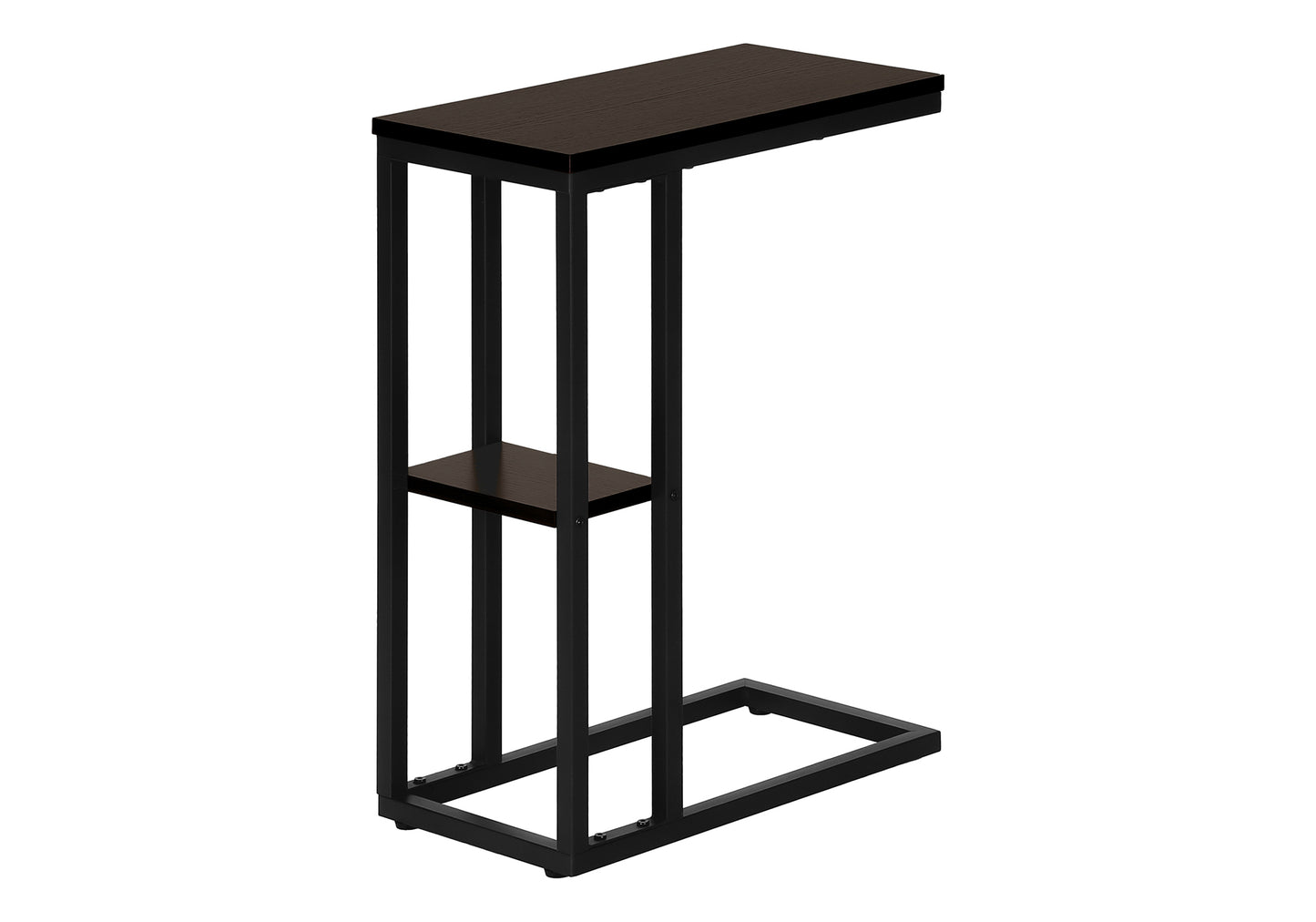 Dark brown cshaped side table with black metal frame perfect for living rooms