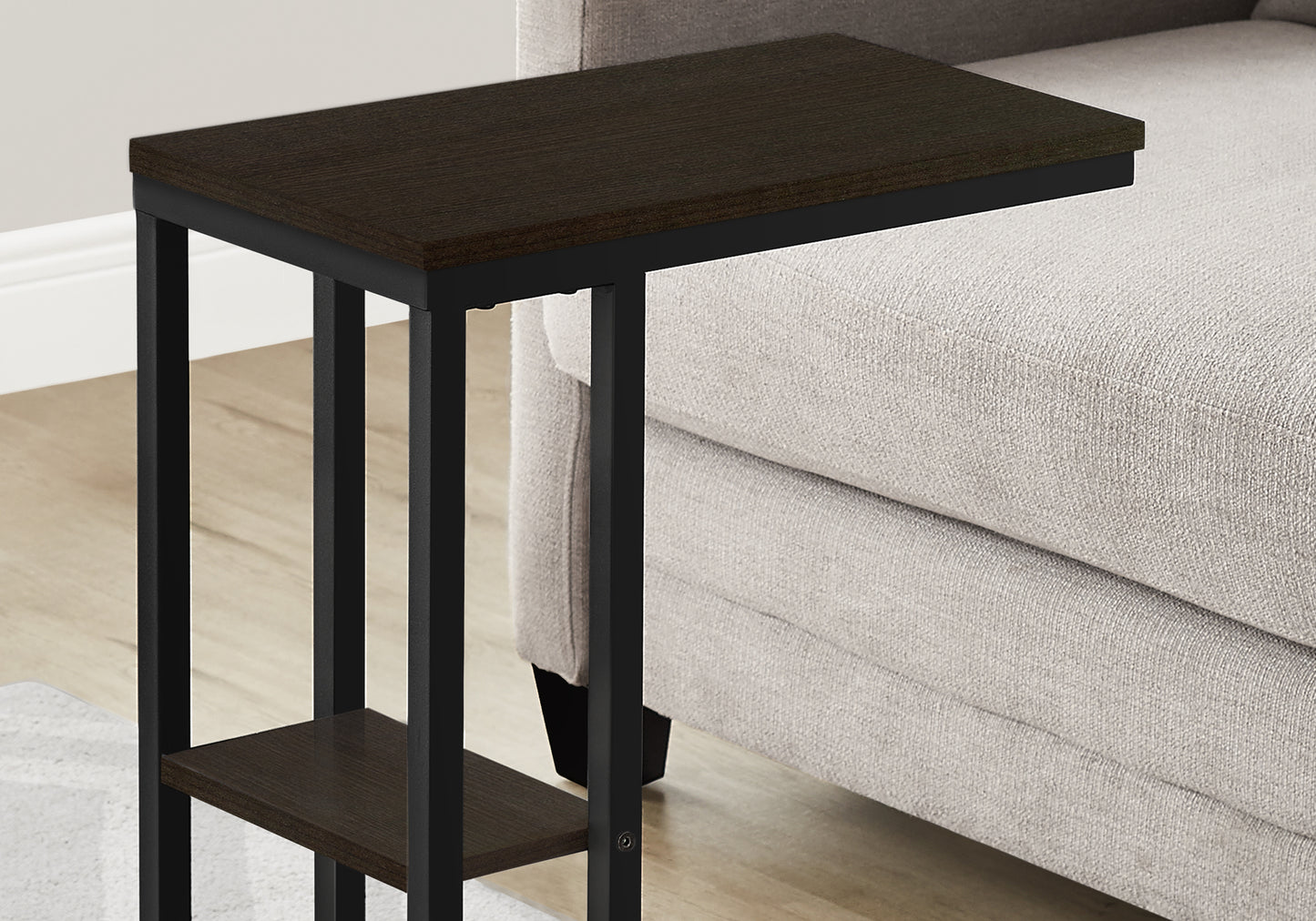 Dark wood Ctable with black metal frame ideal for small spaces