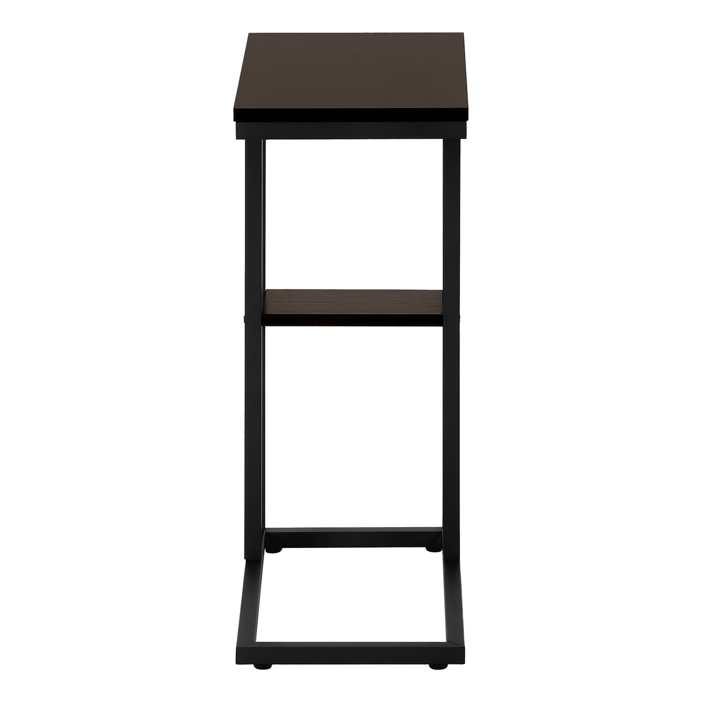 Modern Cshaped side table with dark wood top and black metal frame