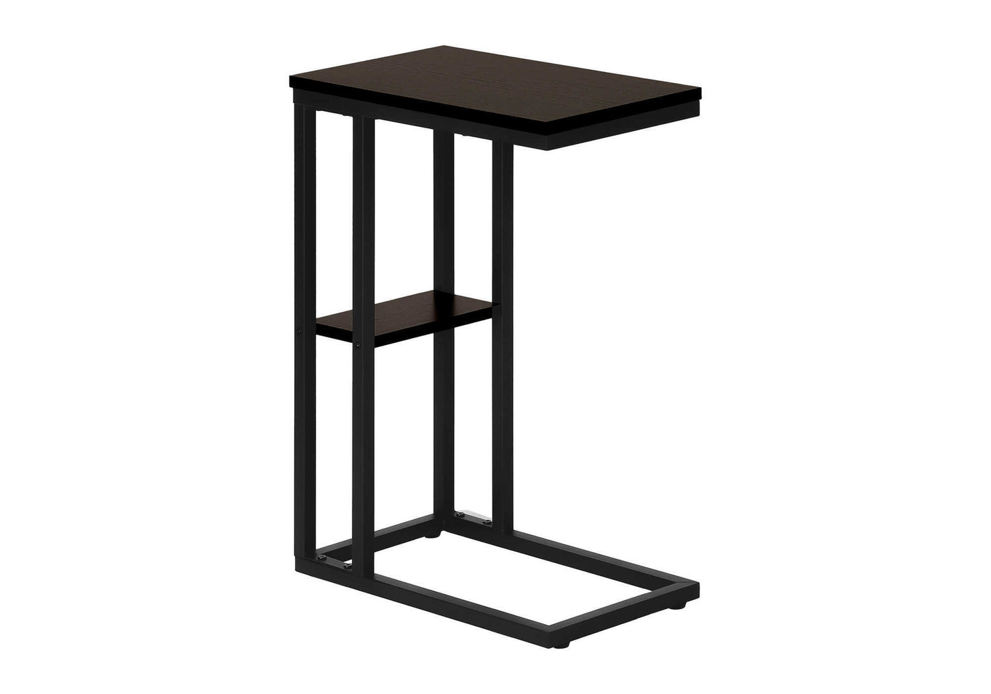 Compact Ctable with dark wood finish and black metal frame perfect for sofa use