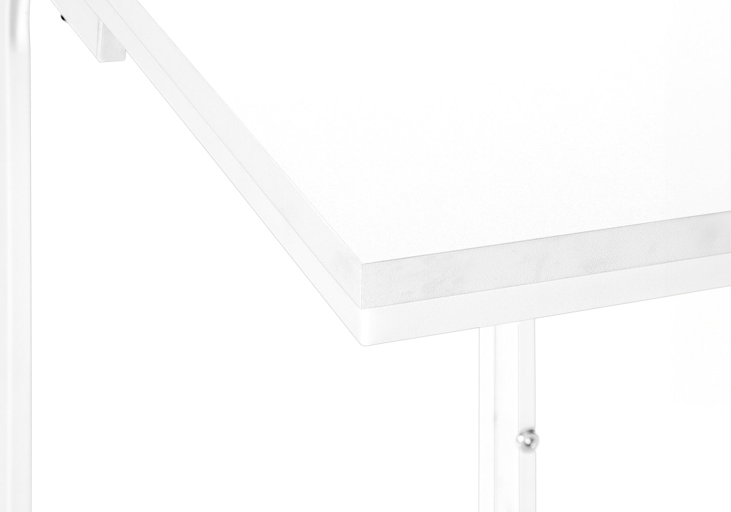 Closeup of white desk edge with metal leg detail