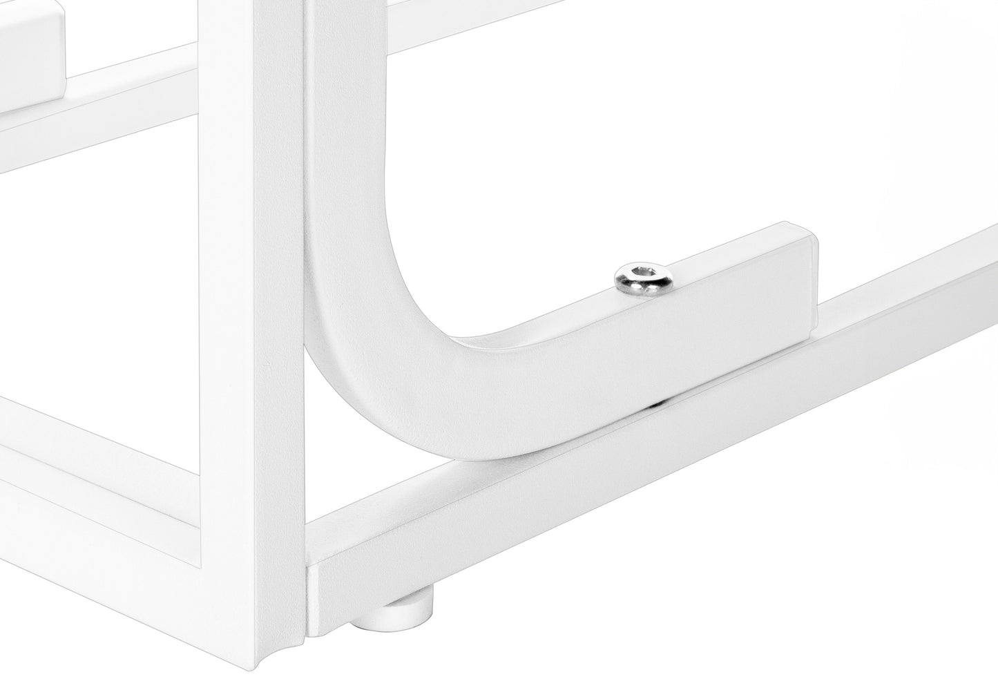 White metal shelving unit corner detail with visible screw