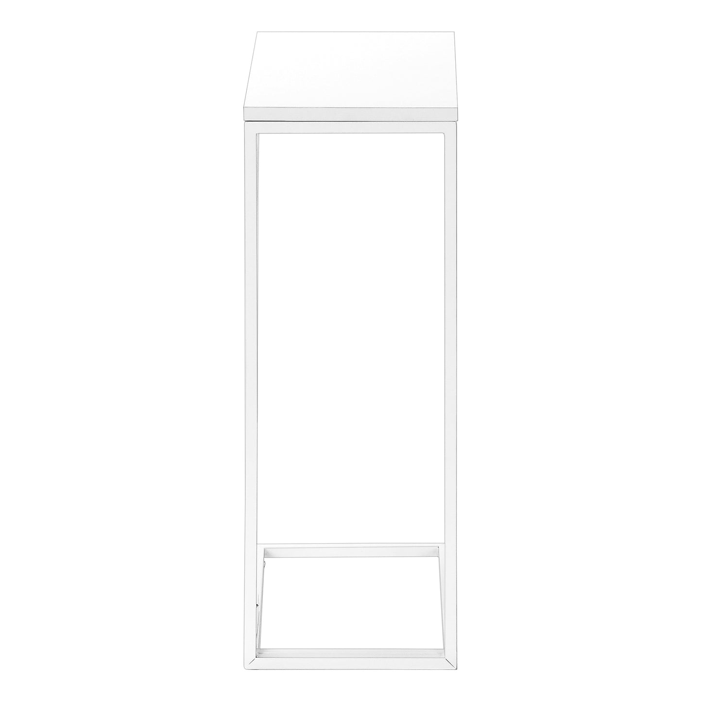 Modern white metal console table with clean lines and open base