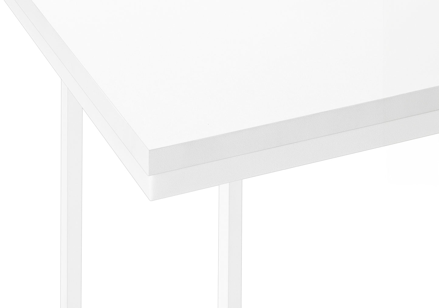 Modern white desk with clean lines and minimalist metal legs