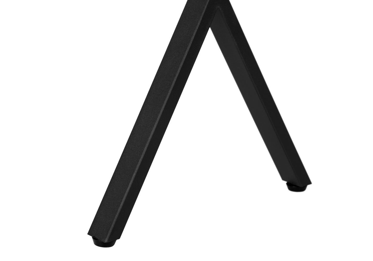 Textured black metal table leg with angled design and floor protectors