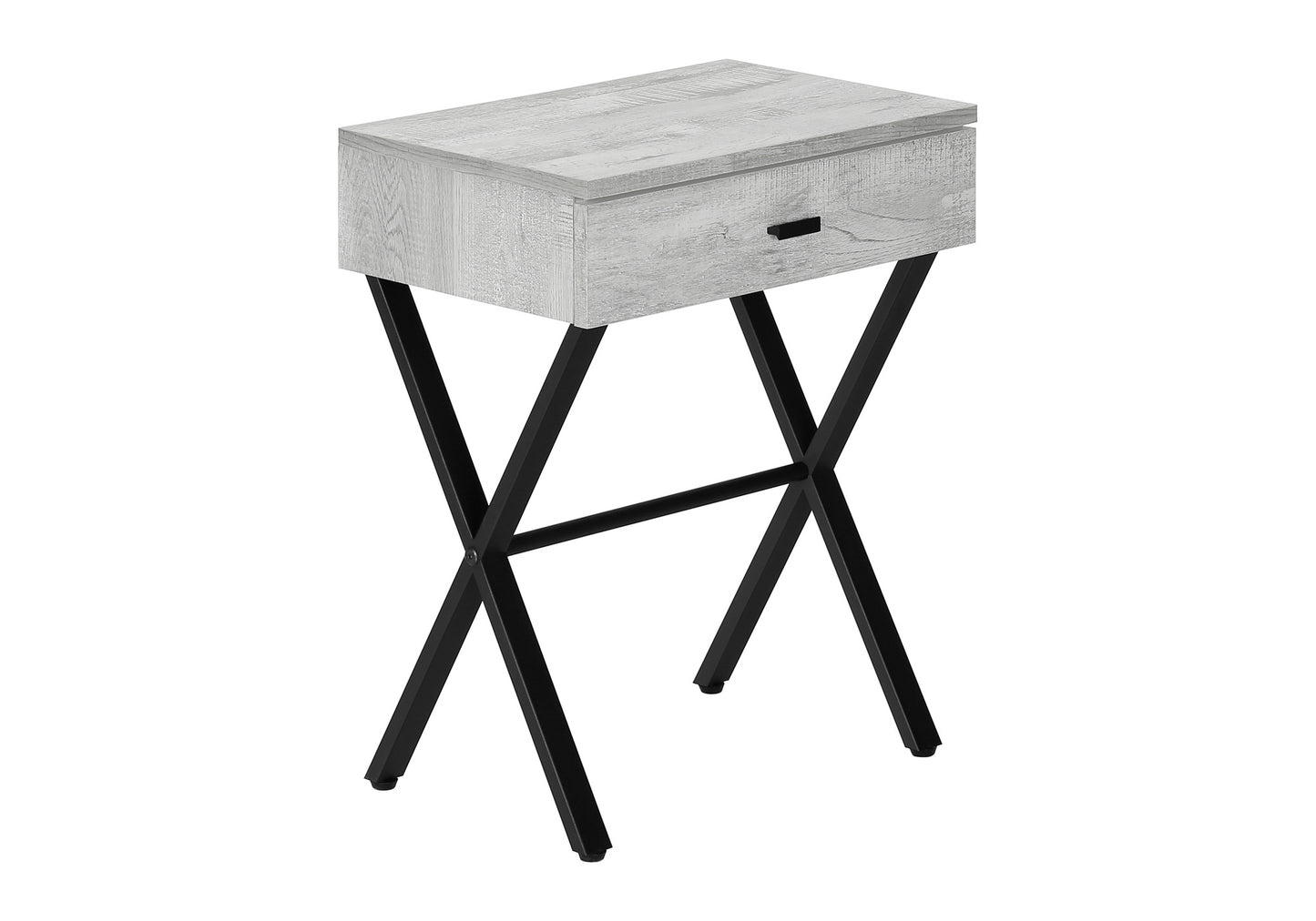Modern gray wood accent table with black Xframe legs and one drawer