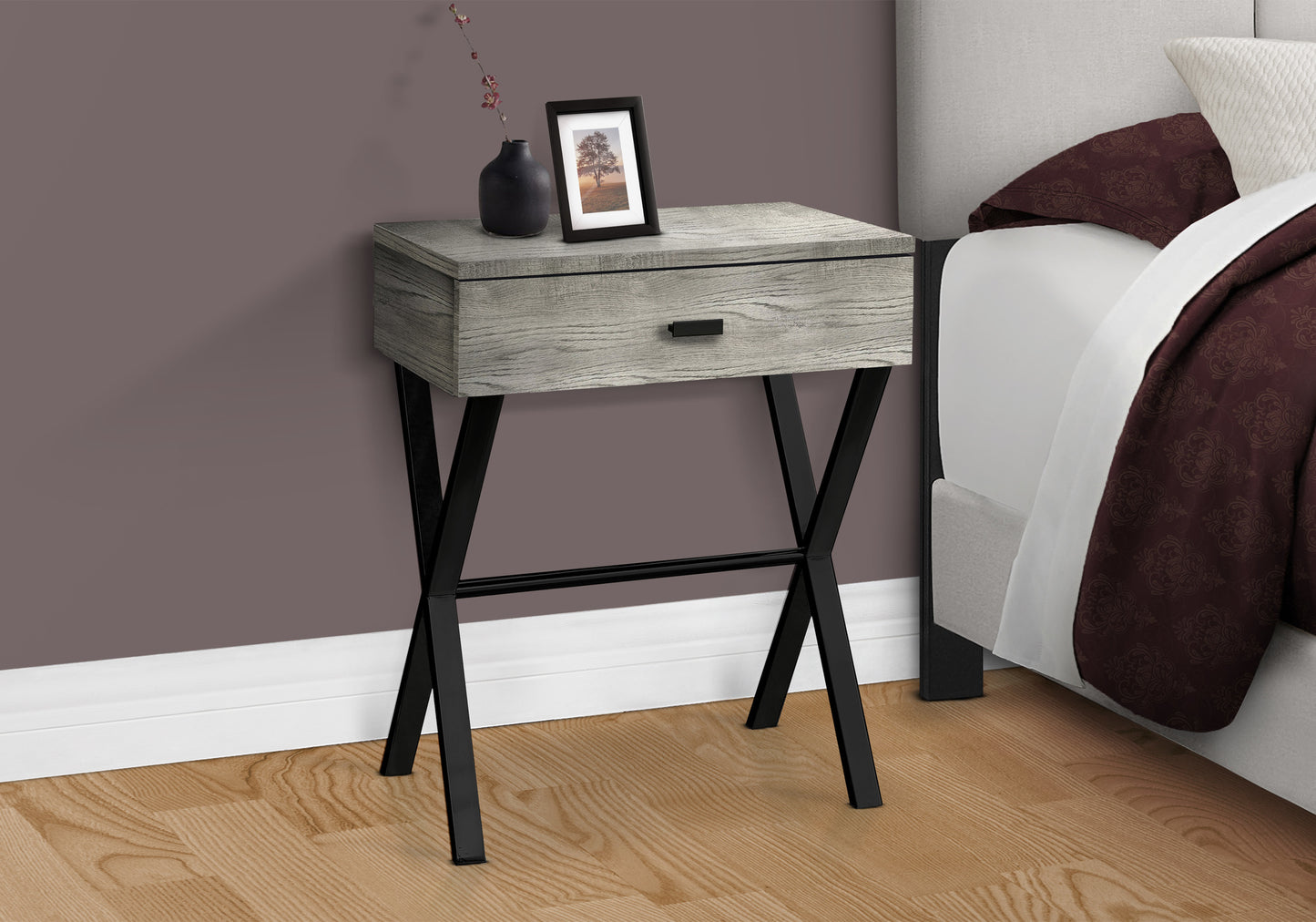 Gray washed wood nightstand with black metal legs and one drawer