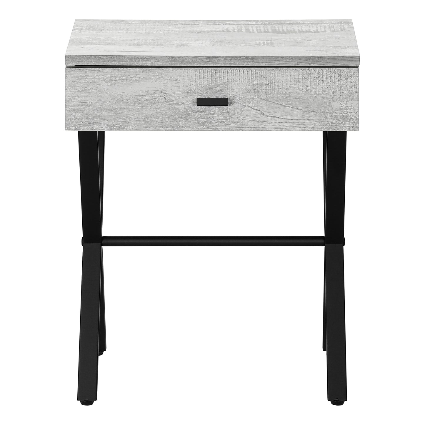 Modern gray wood grain nightstand with black metal legs and drawer pull