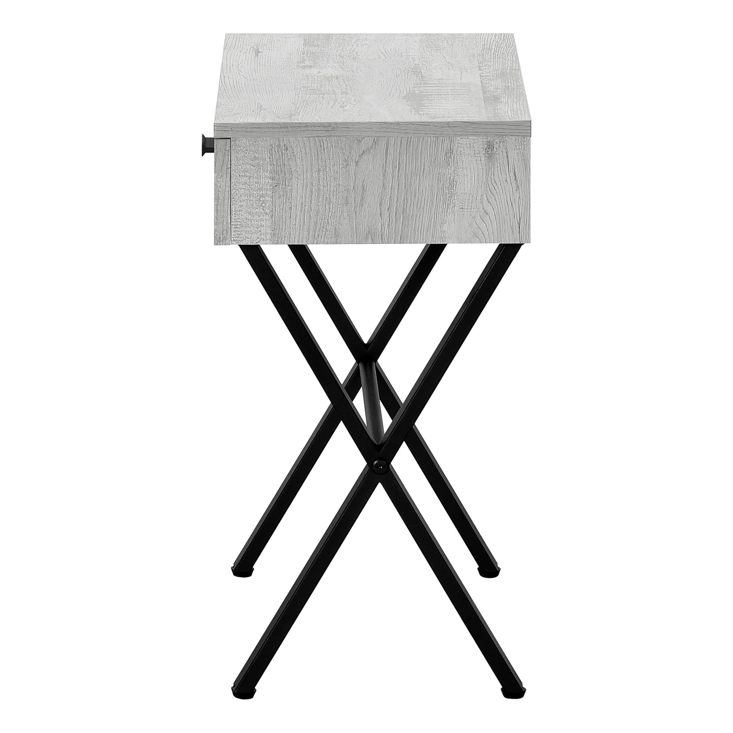 Whitewashed wood side table with black metal xbase legs and single drawer