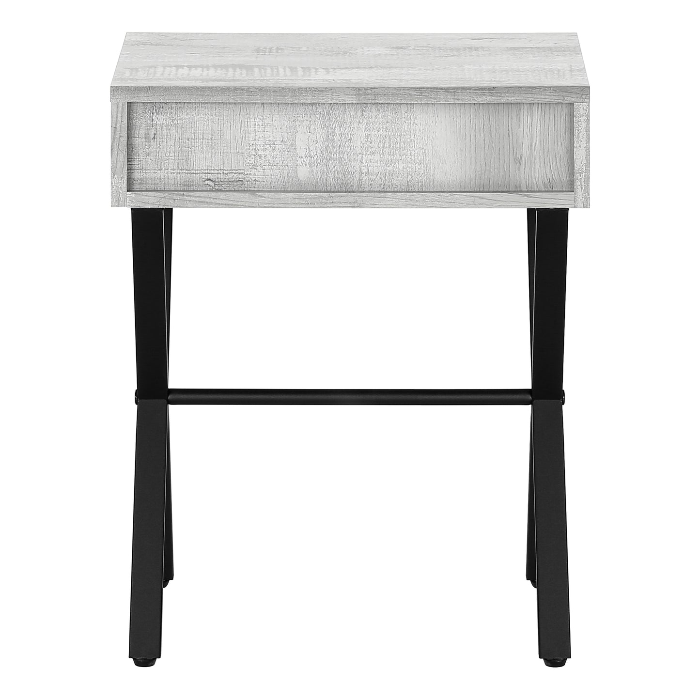 Distressed white wood side table with black metal legs and one open shelf