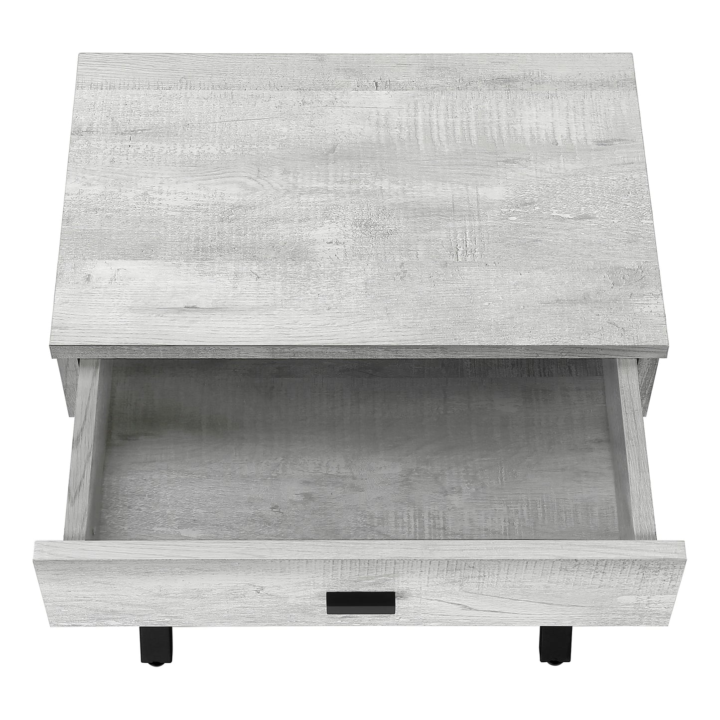 White wash wood finish nightstand with one open drawer and black hardware