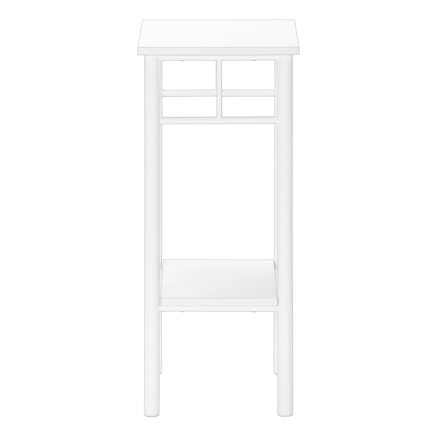 White modern accent table with two open shelves and clean lines perfect for small spaces