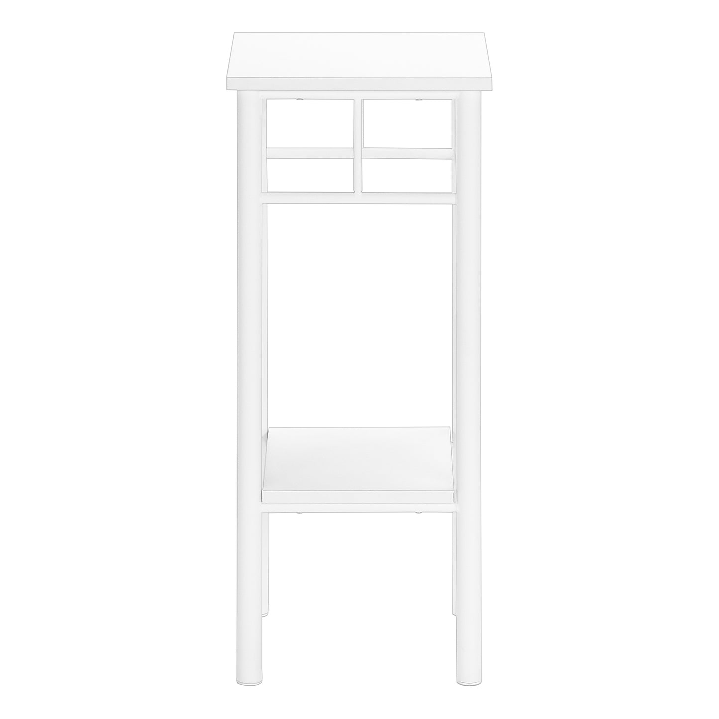 White minimalist side table with four divided compartments at top and one shelf below