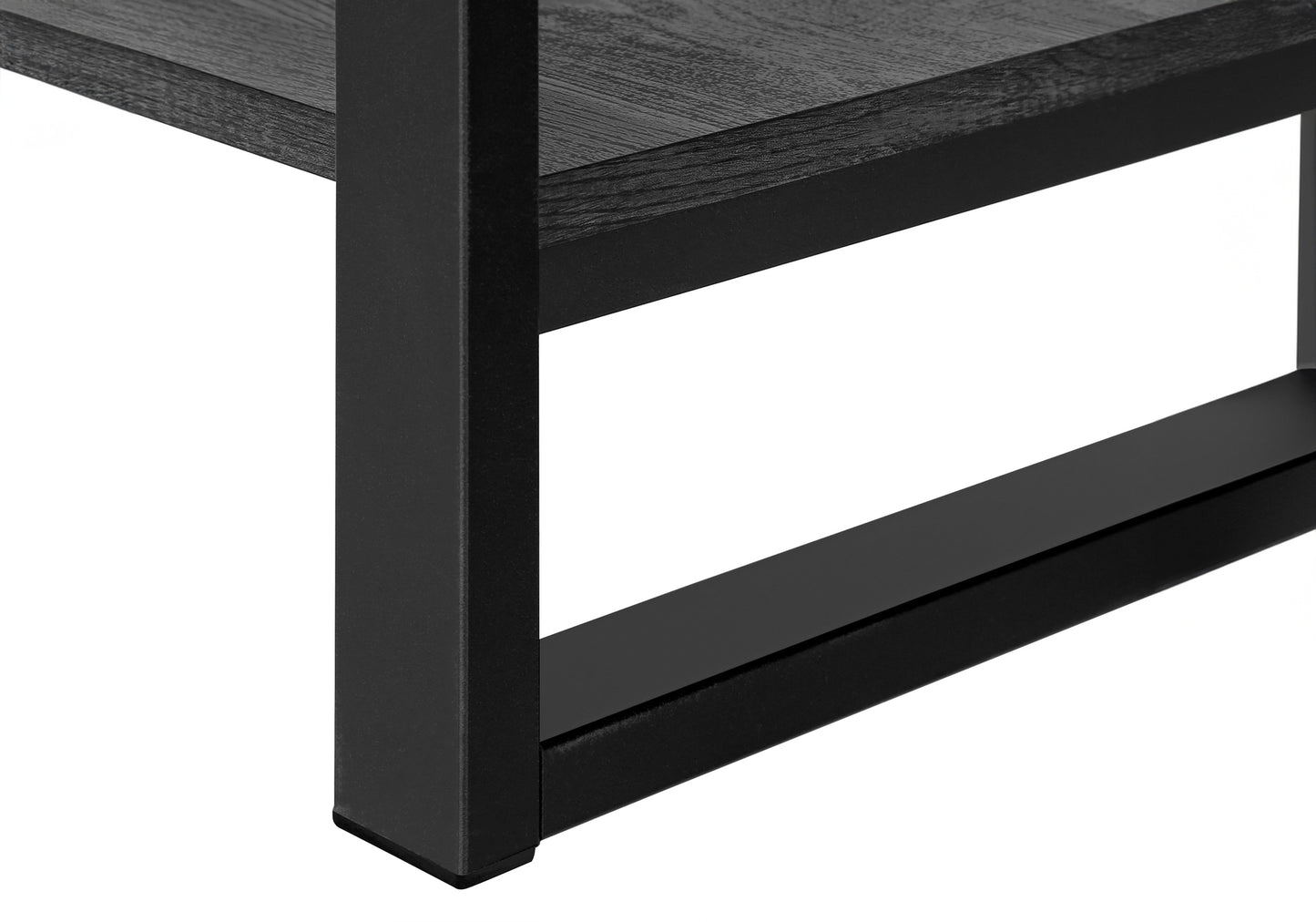 Closeup of dark oak shelf with black metal frame modern industrial shelf design