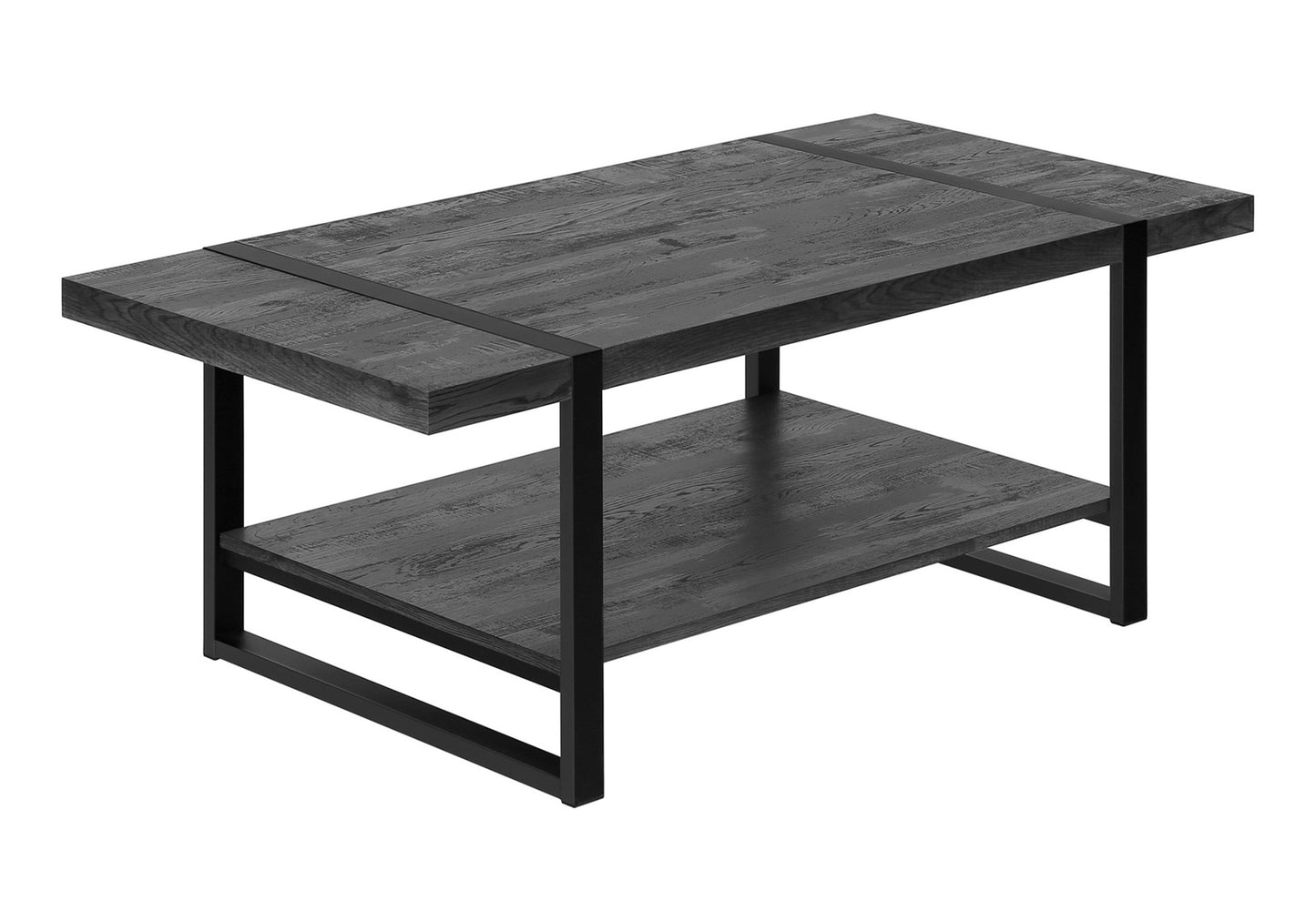Dark grey industrial coffee table with two tiers and black metal frame