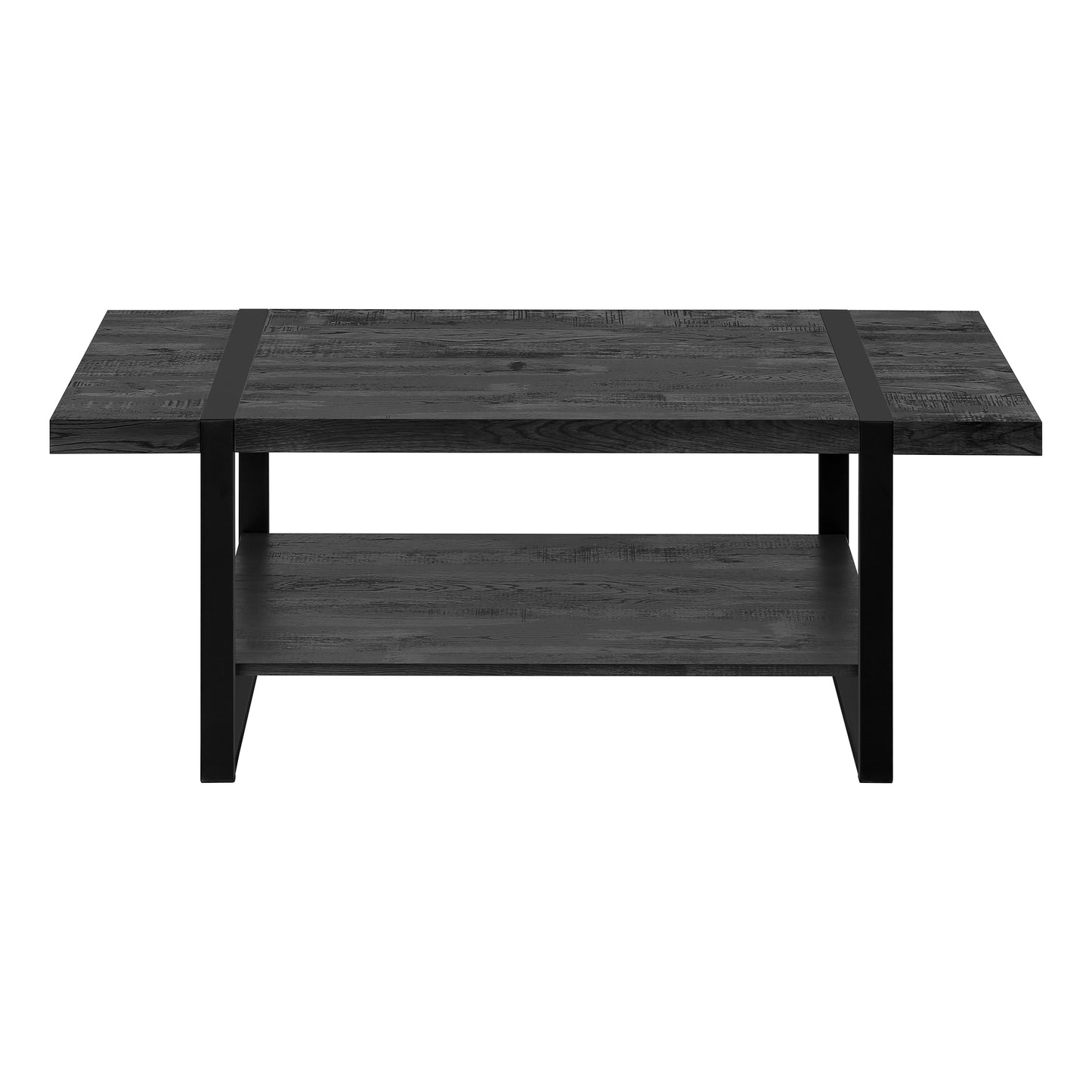 Dark grey distressed wood coffee table with metal frame and lower shelf
