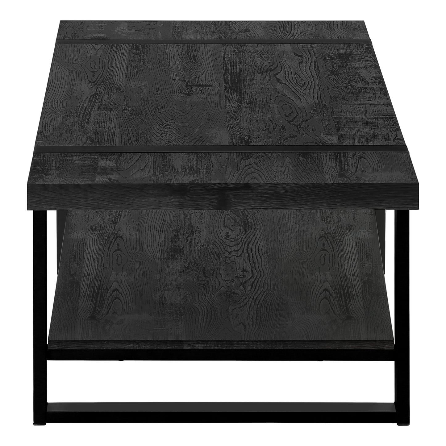 Modern black oak coffee table with industrial metal frame featuring a textured wood grain finish