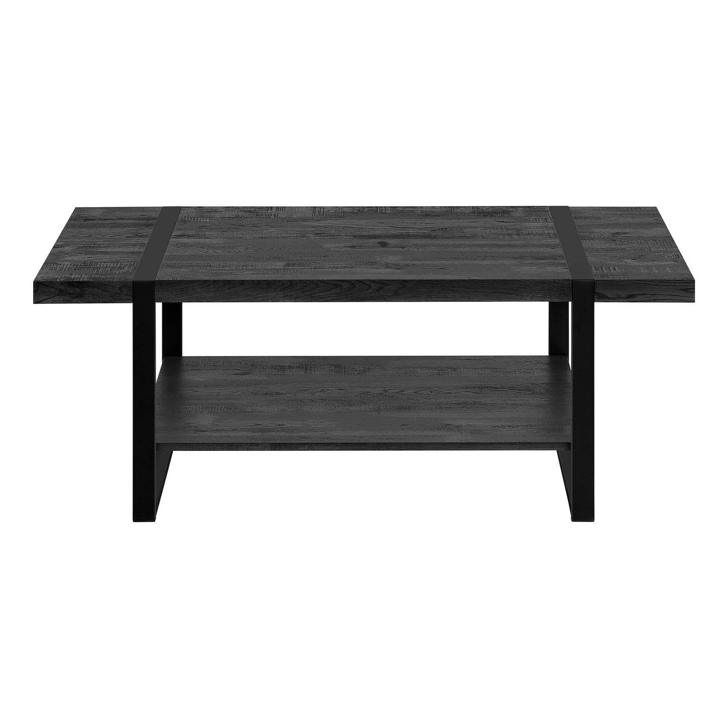 Dark gray rustic wood coffee table with black metal frame and shelf