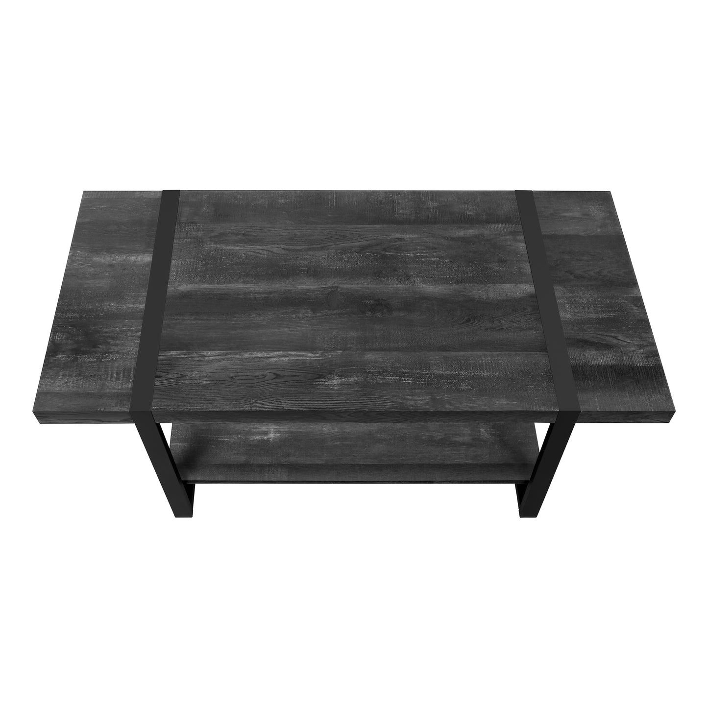 Dark wood coffee table with industrial black metal frame and two tiers