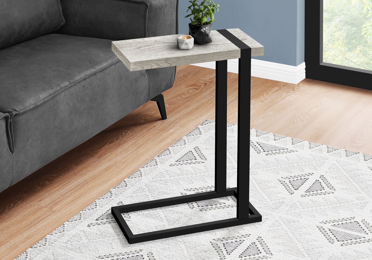 Slim profile Ctable with weathered gray wood top and black metal frame