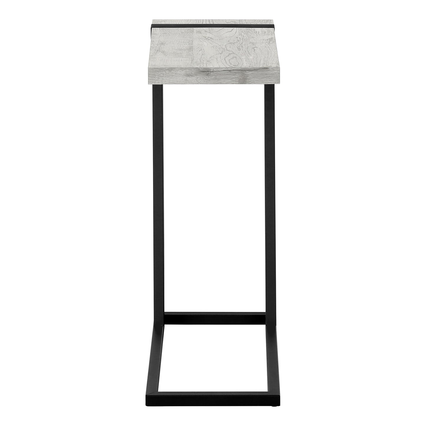 Cshaped side table with distressed white wood top and black metal frame