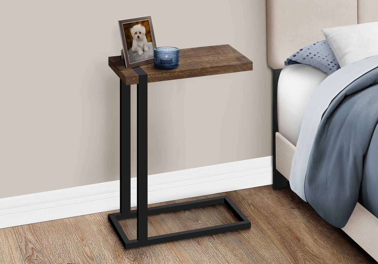 Compact Ctable with rustic wood top and black metal frame perfect for small spaces