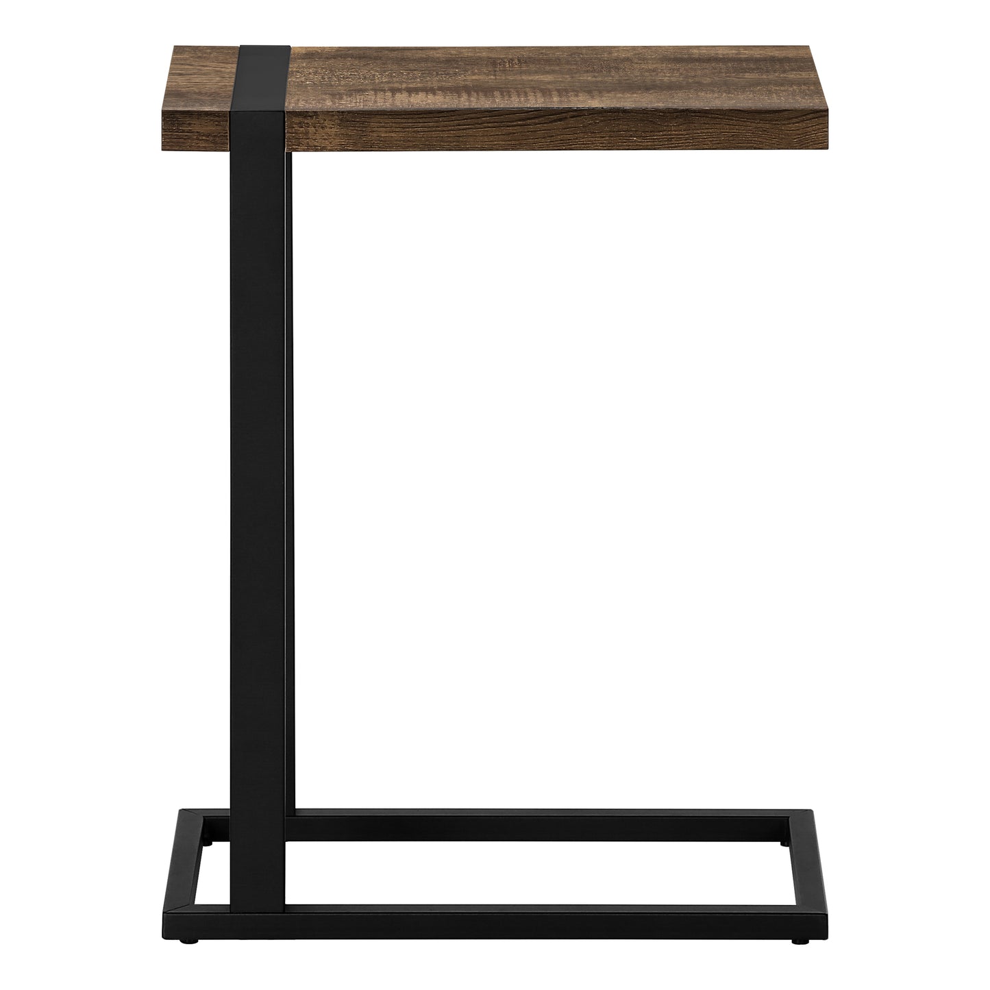 Modern ctable with dark wood grain top and black metal frame ideal for sofa side use