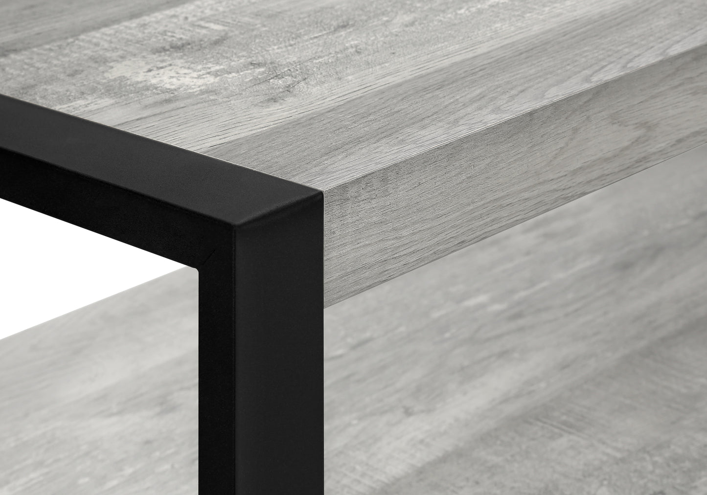 Modern gray wood grain coffee table with black metal frame accent