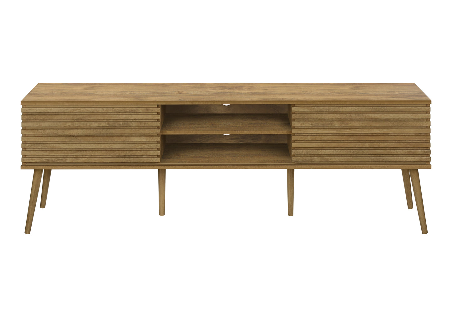 Midcentury modern oak TV stand with slatted doors and open shelving