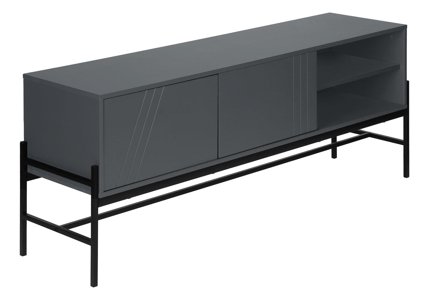Gray modern TV stand with sliding doors and open shelving metal legs