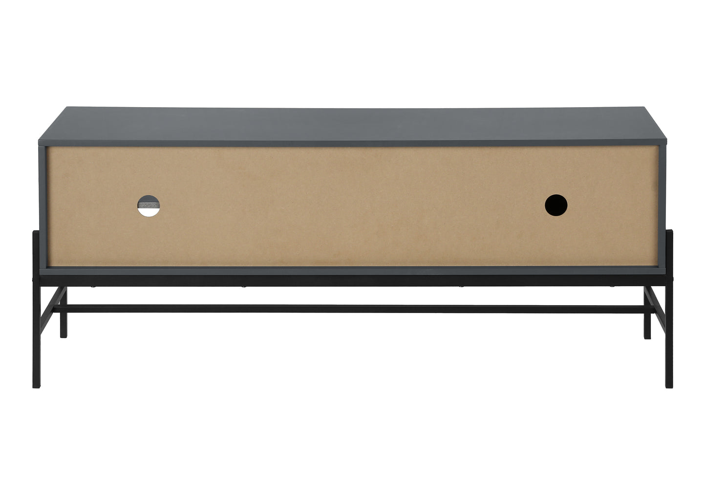 Dark grey media console with open back and cable management holes on metal legs