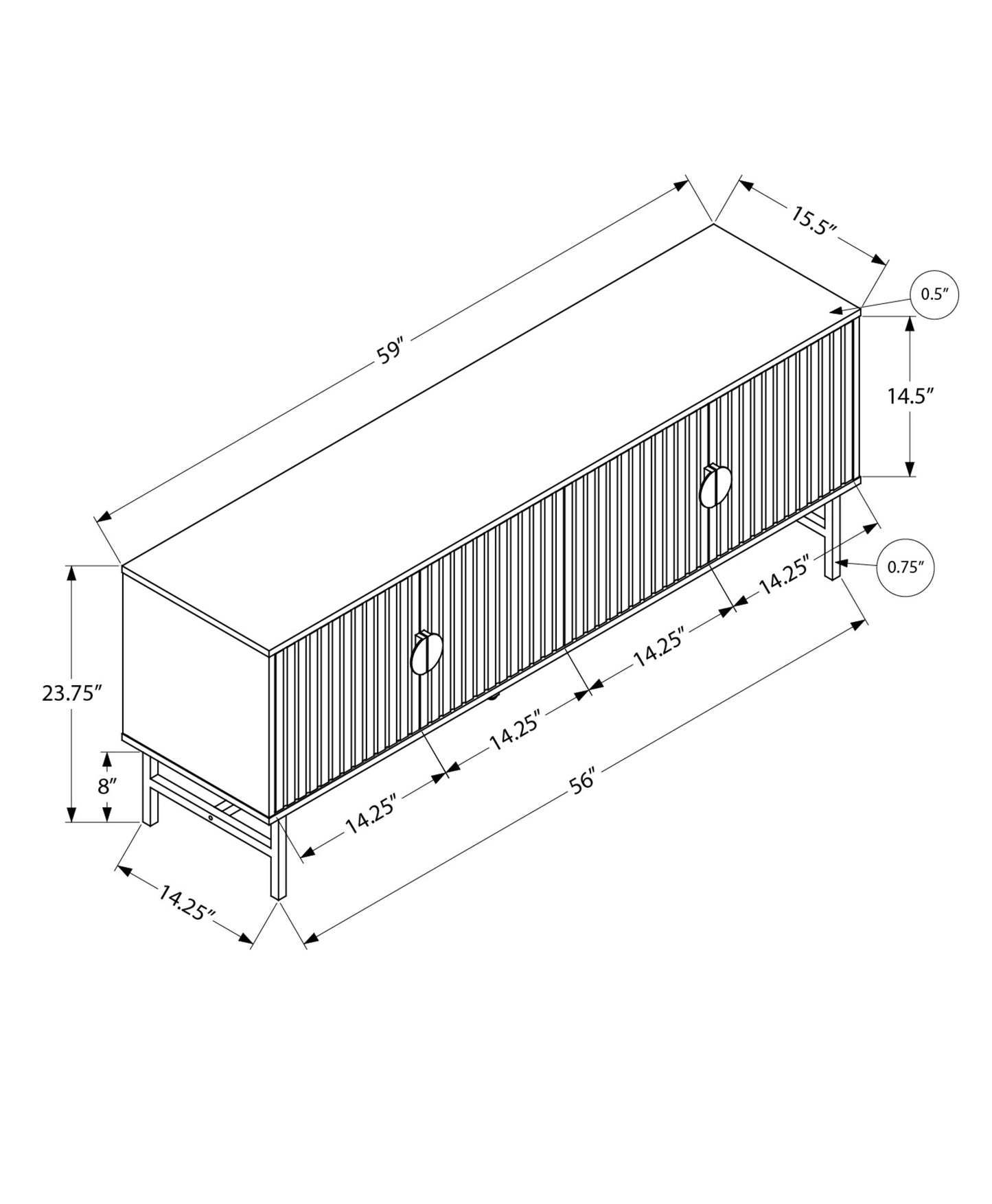 Diagram of a inch fluted media console with circle handles and dimensions